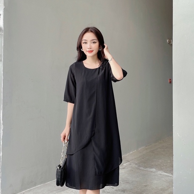 Váy Đi Tiệc NHẬT VY Tay Lỡ Cổ Tròn Dáng Suông Chất Vải Tằm Ý Màu Đỏ, Đen - D2374