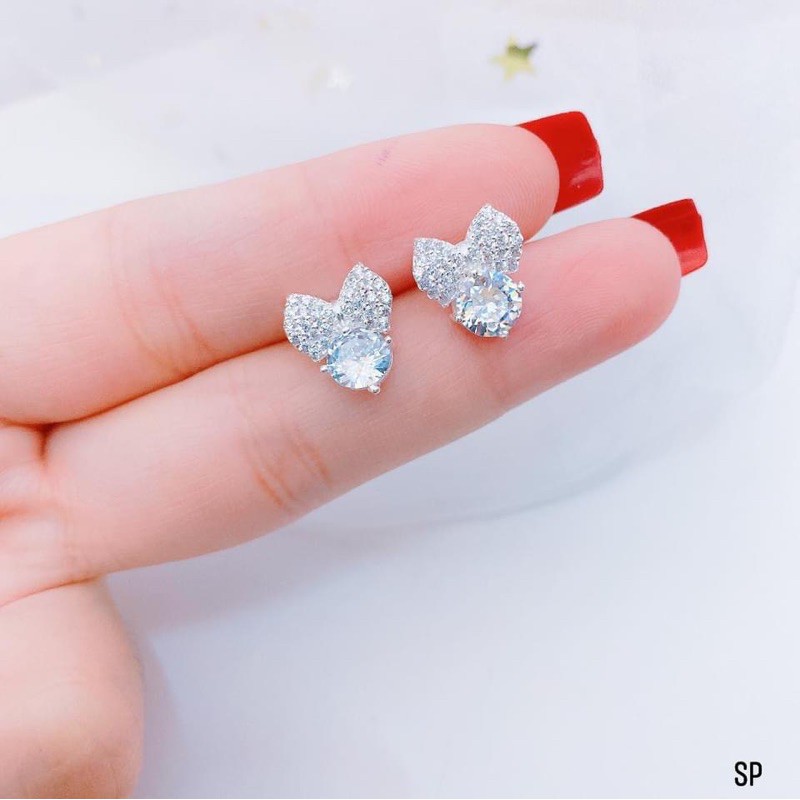 Bông tai nơ đính đá điệu đà , hàng bạc ta ( ảnh thật)