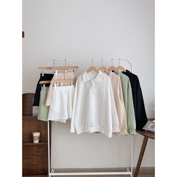 [Ảnh thật/Video] Set áo nỉ TRƠN CỔ POLO phong cách Ulzzang tay bồng kèm quần dày dặn Set bộ Hàn Quốc