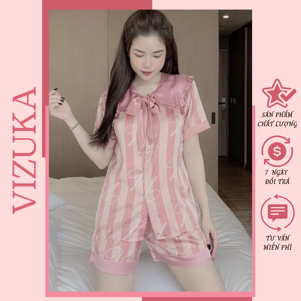 Đồ bộ pijama lụa satin thiết kế quần đùi họa tiết cute siêu mát VIZUKA