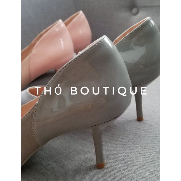 Giày cao gót xuất Âu da lộn phối da bóng 6cm hồng pastel, xanh pastel, xám size 37-38