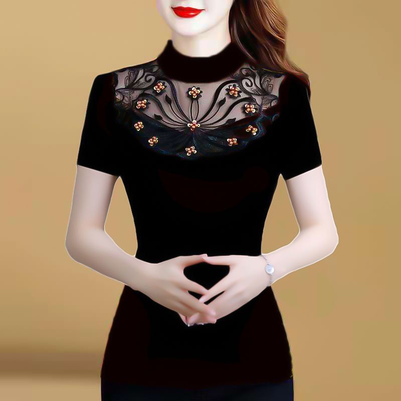 Áo kiểu tay ngắn phối ren lưới khoét lỗ thanh lịch có size lớn cho phụ nữ trung niên | BigBuy360 - bigbuy360.vn