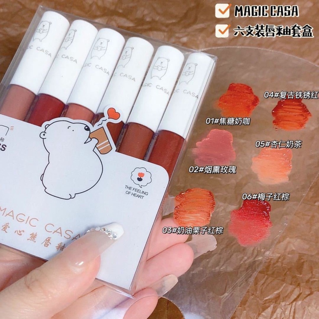 Set 6 Son Kem Lì Gấu Trắng MAGIC CASA Bear Fluffy Lip Glaze