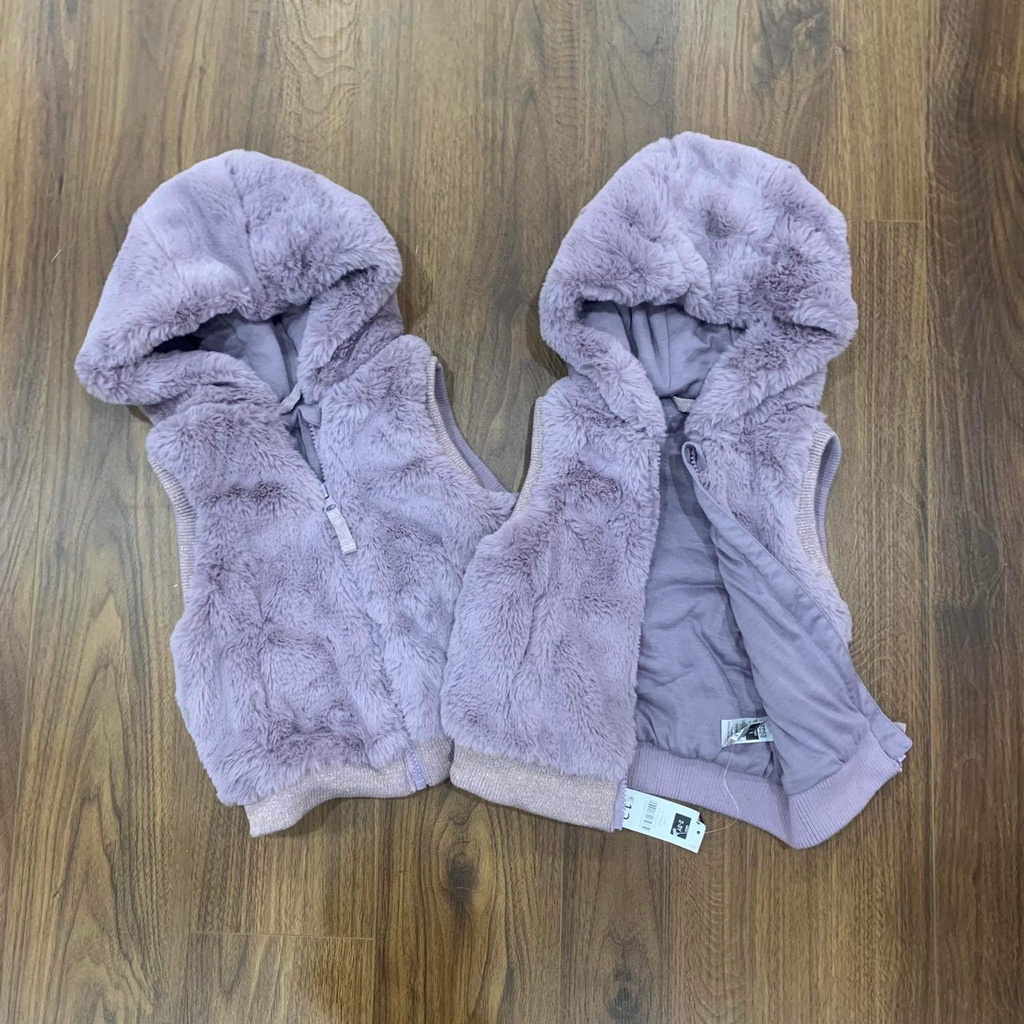 Áo gile lông tím có mũ cho bé gái 2-8y