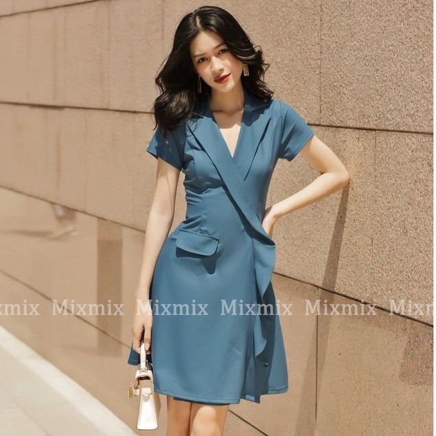 Đầm công sở Selina cổ Vest viền bèo màu xanh - MIXMIX - Hàng thiết kế - Hình ảnh độc quyền shop tự chụp