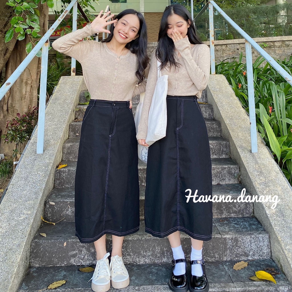 Chân váy kaki đen viền chỉ nổi AE25