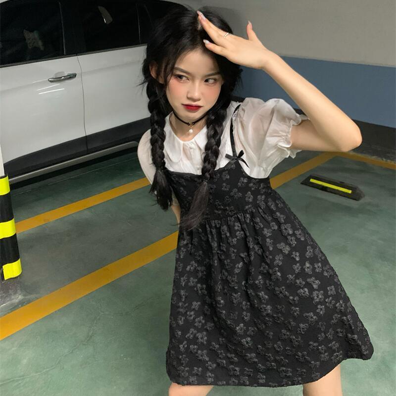 Bộ Áo Tay Phồng + Chân Váy Lưng Cao Họa Tiết Hoa Phong Cách retro Pháp Thời Trang Mùa Hè