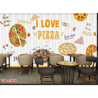 tranh dán quán pizza ăn vặt 3D dán tường in Vải Lụa KT 120x80cm