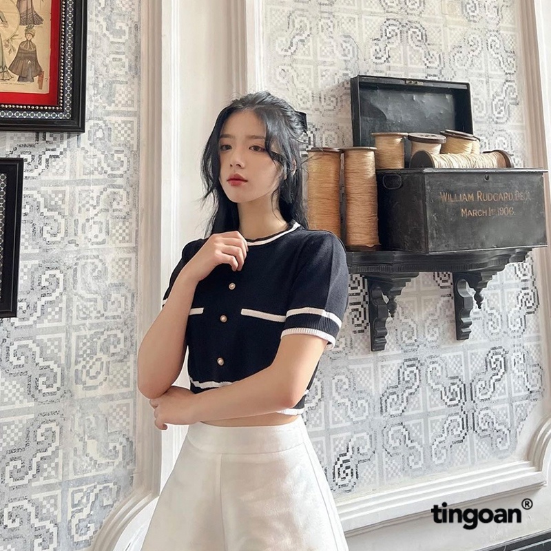 TINGOAN® - Áo len ngắn tay viền trắng chống nhăn đen ALISSA TOP/BL