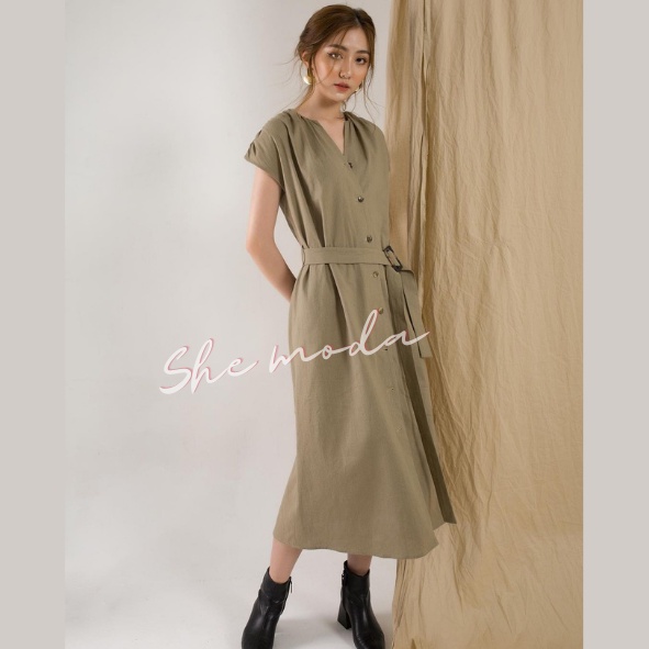 Jo Dress - Váy Linen dáng suông, thắt đai eo – Hàng thiết kế cao cấp - Đi làm/dạo phố - SHE MODA