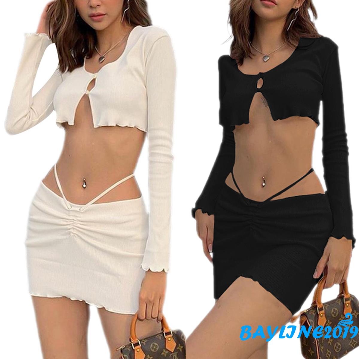 Set 2 Món Gồm Áo Dài Tay Hở Lưng Và Chân Váy Ngắn Quyến Rũ Dành Cho Nữ | BigBuy360 - bigbuy360.vn