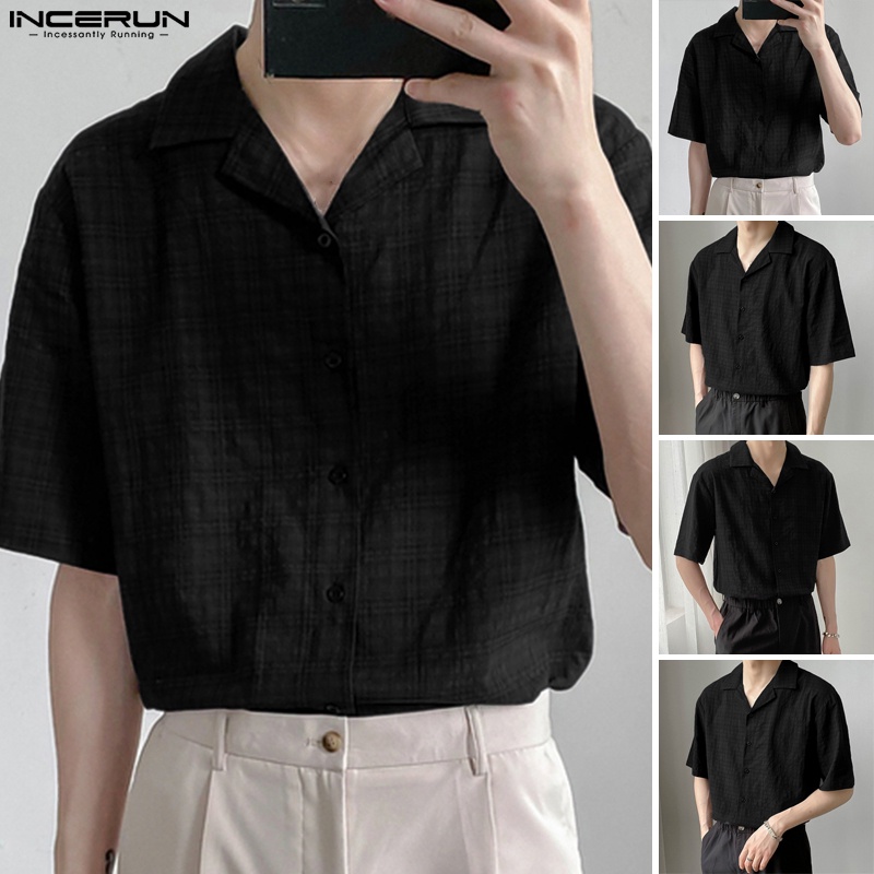 Áo sơ mi INCERUN ngắn tay dáng rộng cài khuy phong cách thời trang thanh lịch cho nam
