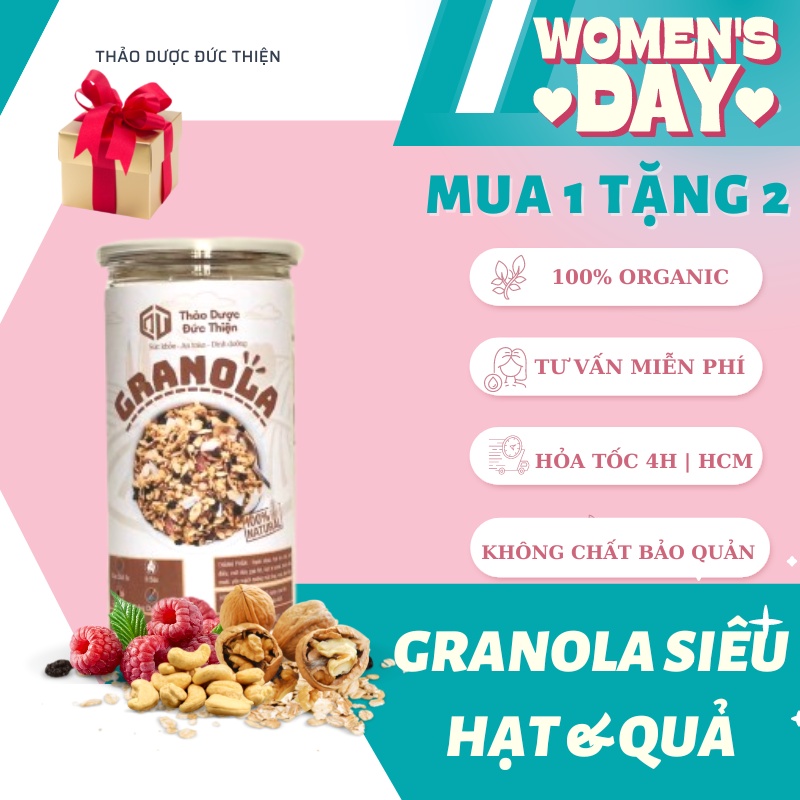 Granola Siêu Hạt & Quả 500g - Ngũ Cốc Giảm Cân, Eat Clean Không Đường Có Thêm Macca, Óc Chó Đỏ, Dừa Khô - Đức Thiện