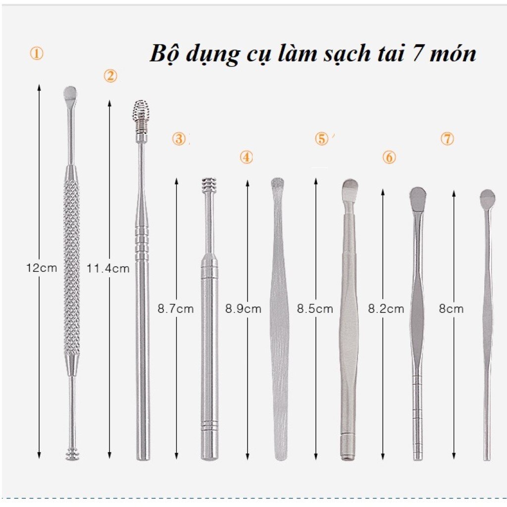 Bộ lấy ráy tai chuyên nghiệp 7 món, dụng cụ móc ngoáy gắp dáy gỉ rái tai vệ sinh an toàn inox cao cấp cho bé & người lớn