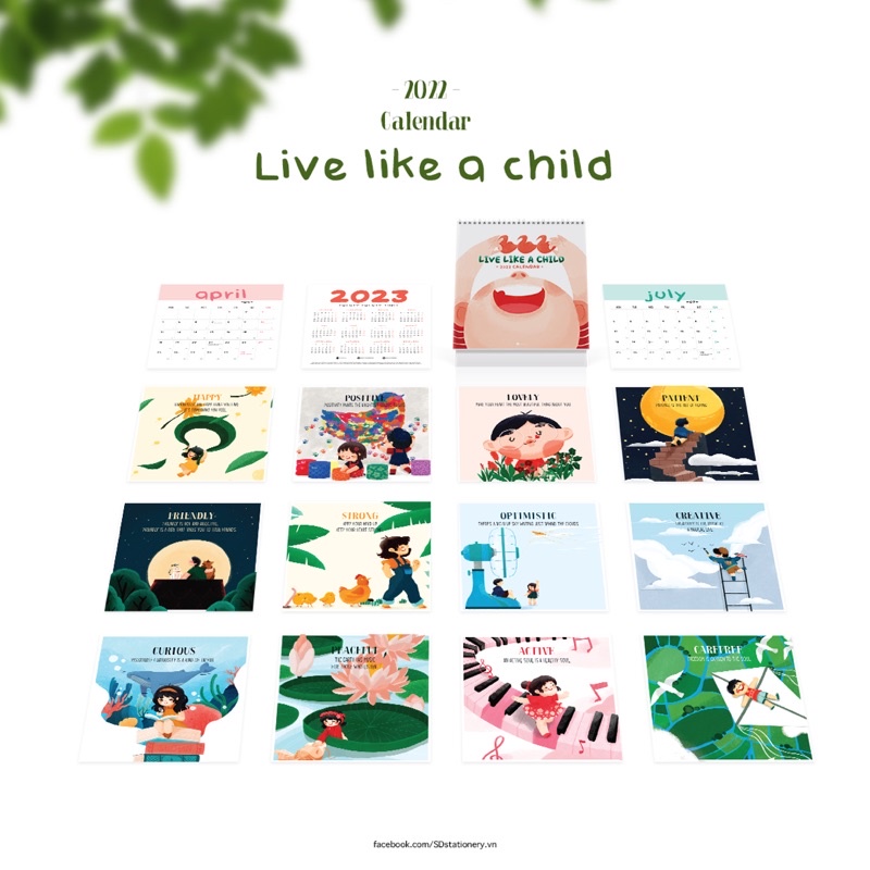 Lịch bàn 2022 Nhâm Dần 20x22 SDstationery LIVE LIKE A CHILD tiếng Anh hình vẽ em bé thiếu nhi trẻ em dễ thương