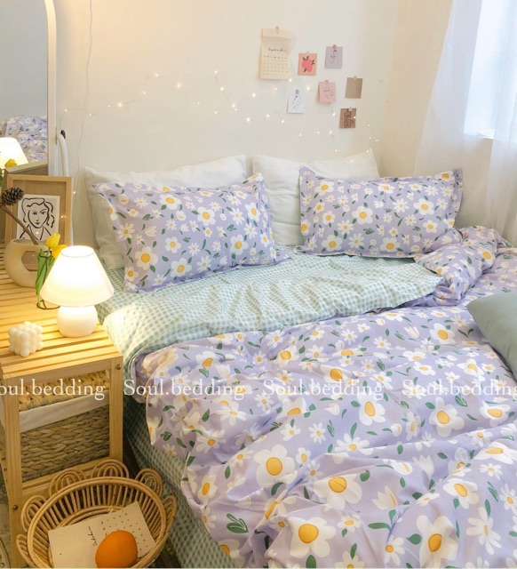 [Soul.bedding] Set ga gối hoa tím polly cotton