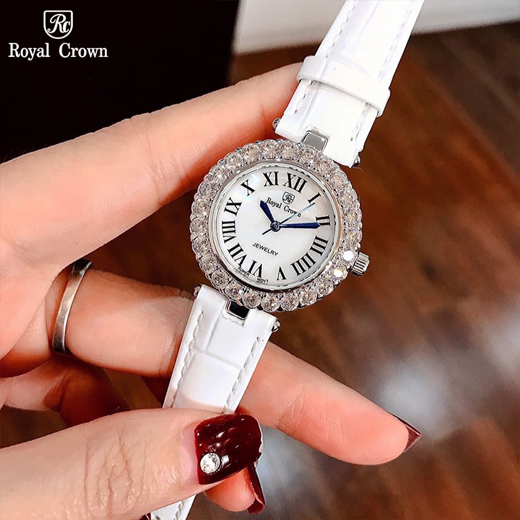 Đồng Hồ Nữ Royal Crown 6305 Mặt Tròn Đính Đá Dây Da Cao Cấp Full Box - Chống Nước, Chống Xước, Bảo Hành 12 Tháng