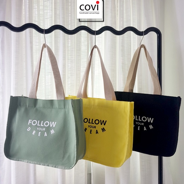 Túi Tote Vải Canvas Hàn Quốc Phối Chữ Follow Màu Đen, Vàng, Xanh Thương Hiệu COVI- T46