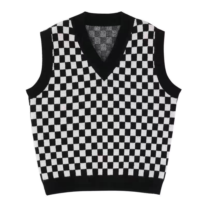 Áo len gile kẻ caro đen trắng unisex nam nữ cổ chữ v phong cách cá tính thời trang thu đông Hàn Quốc M32HD | BigBuy360 - bigbuy360.vn