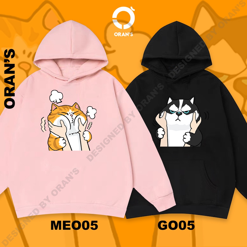 Áo Hoodie đôi in hình chó husky và mèo véo má chất nỉ cotton lót bông cao cấp form rộng unisex - ORAN'S HOODIE COUPLE 05