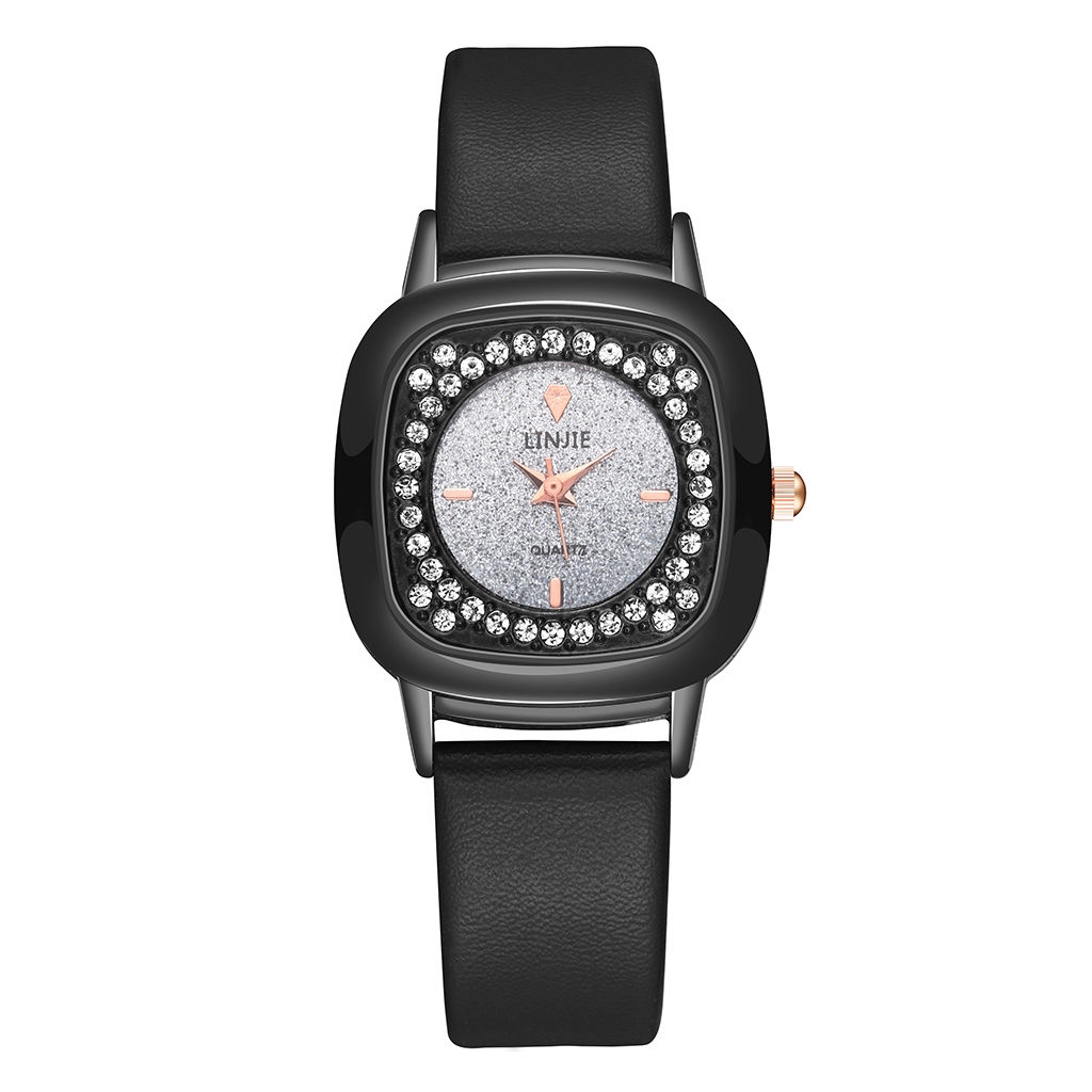 Đồng hồ mặt vuông đính đá phối dây da thời trang cho nữ