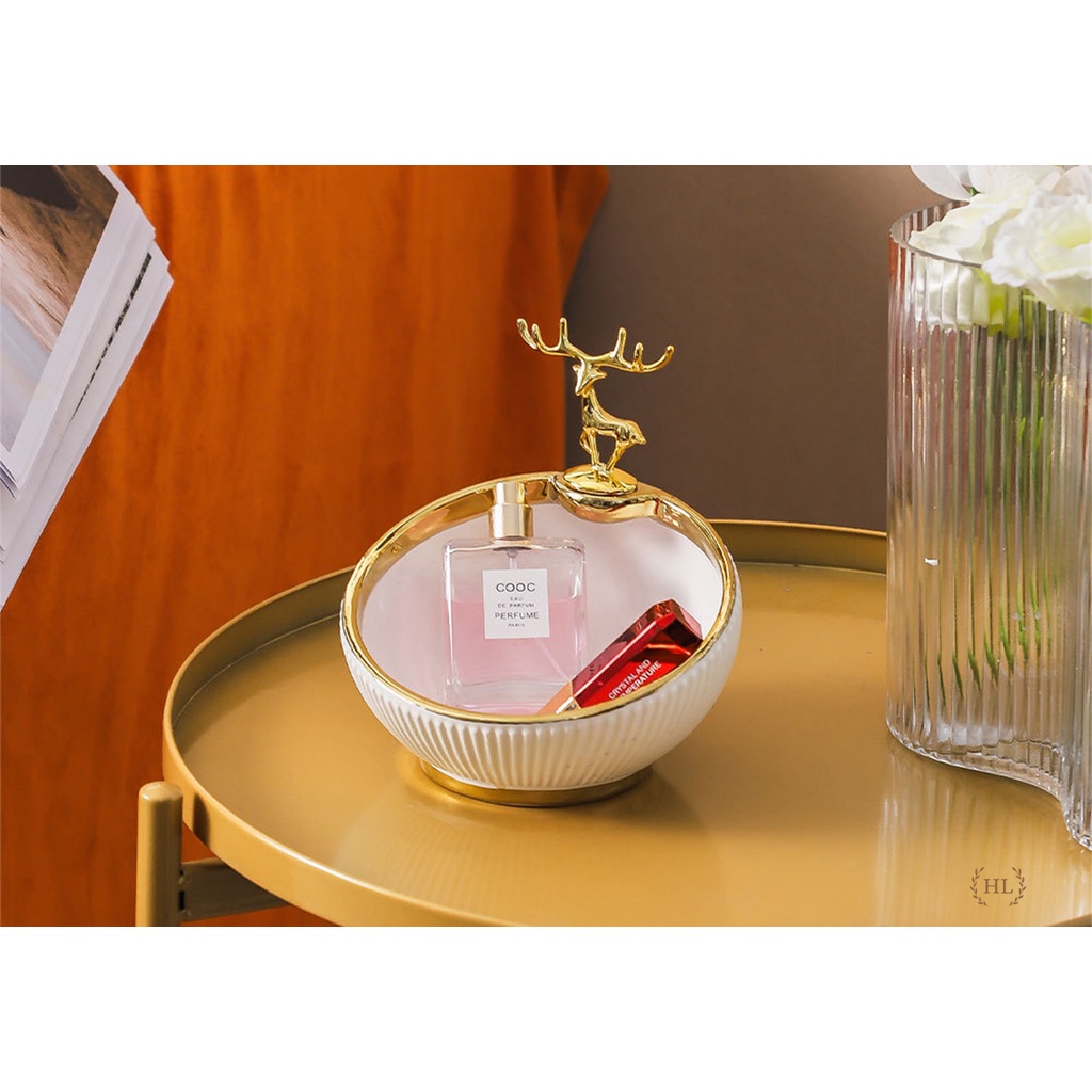 Bát Sứ Đựng Kẹo - Chìa Khóa - Phụ Kiện Decor 2023| Âu Sứ Decor Kẻ Vàng Kim Vân Nổi Hình Hươu Mạ Vàng ( Hàng Có Sẵn )
