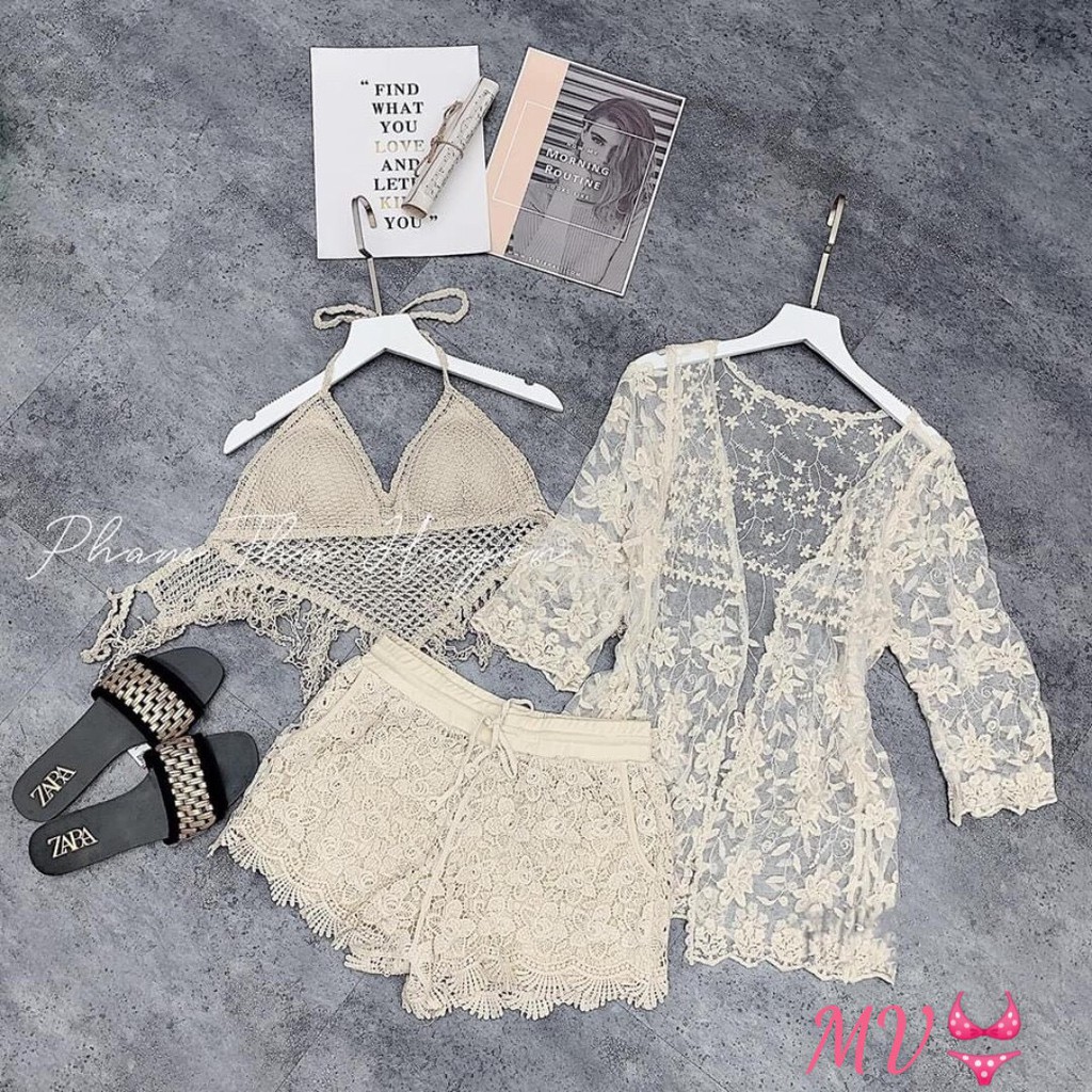 [SÉT REN ĐI BIỂN+ BIKINI+ BỘ BƠI+ ÁO BƠI+ HÀNG LOẠI 1]Sét 3 trong 1 áo choàng hoa kết hợp áo yếm quần ren