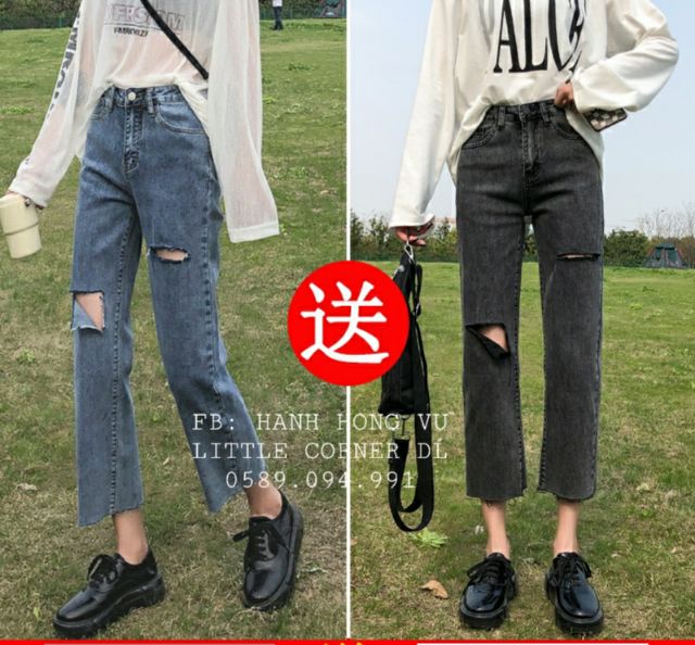 Quần slim baggy jeans rách xẻ phối lưng cao ulzzang kèm ảnh thật hàng sẵn