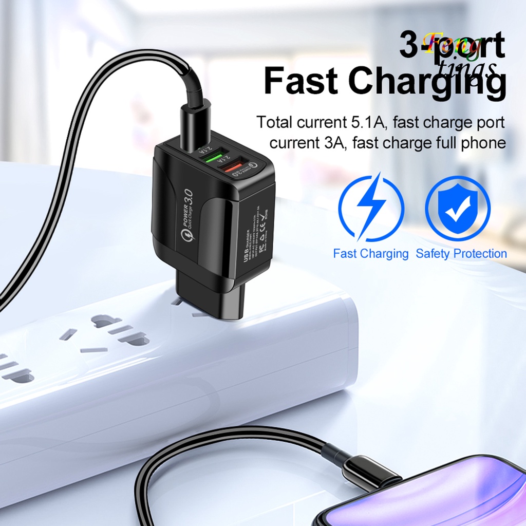 Củ sạc nhanh QC3.0 5.1A 3 cổng USB phích cắm EU/ US cho điện thoại