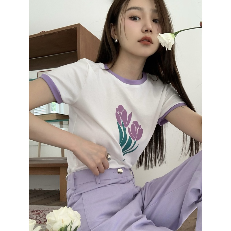 Áo Thun Ngắn Tay Dáng Ôm In Hoa Tulip Xinh Xắn 51543