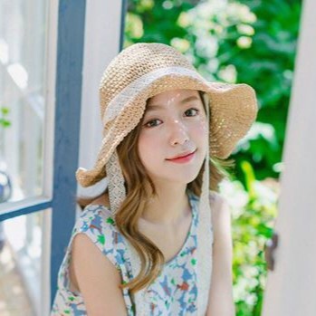 Mũ cói đi biển vành rộng thắt dây nơ ren trắng