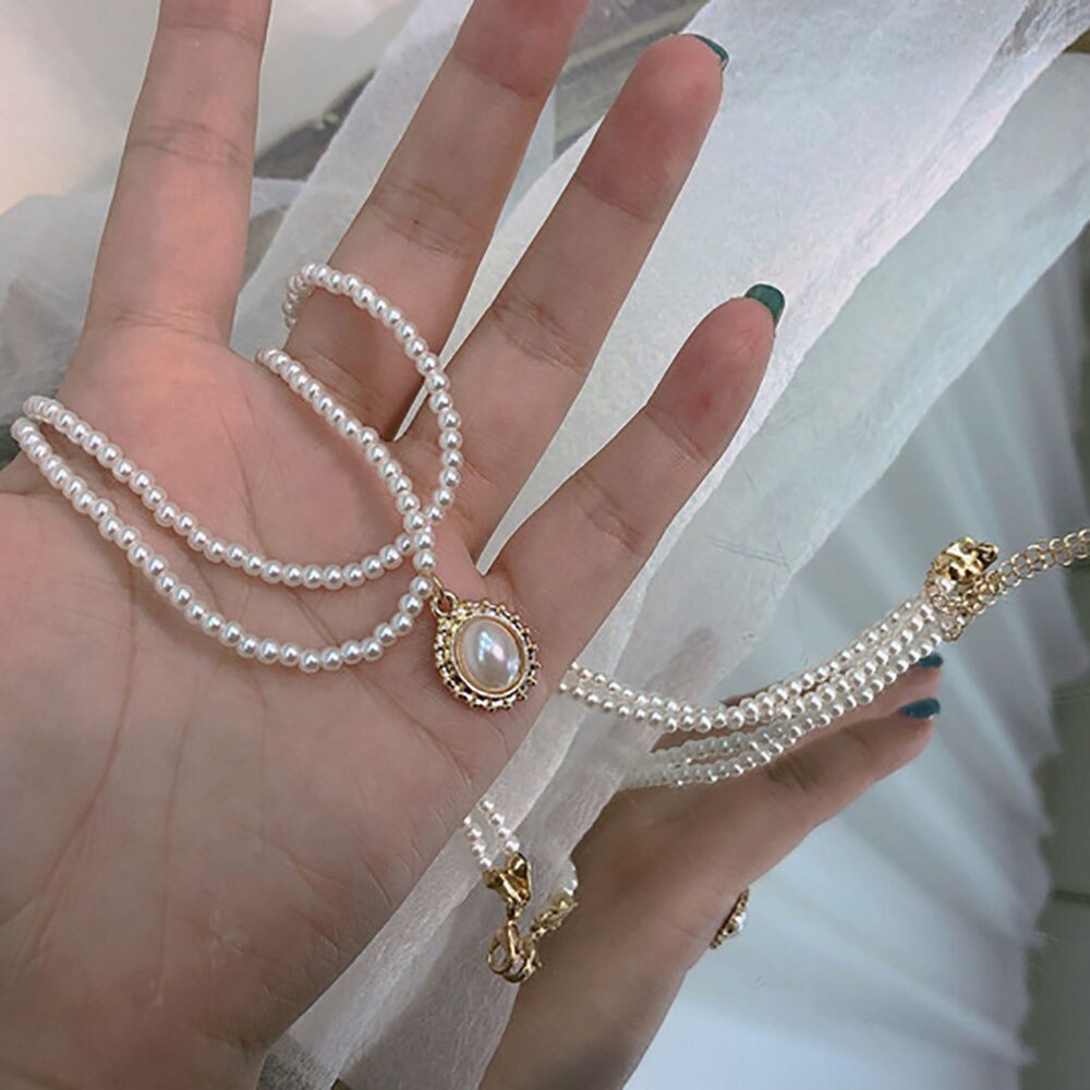 Vòng cổ hai lớp đính ngọc trai giả thanh lịch cho nữ