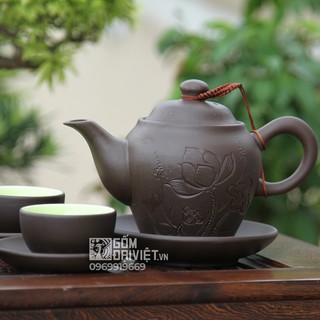 Bộ ấm chén tử sa dáng cao Bát Tràng khắc nổi sen