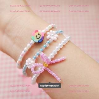 Vòng tay hạt cườm hoa lớn, nhẫn hoa cúc hồng, lắc tay mặt cười hoa hướng dương Cotton Candy #Quadaomauxanh