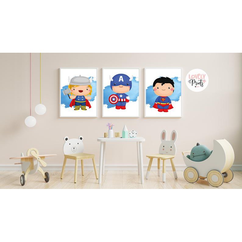 Bộ Tranh Các Siêu Anh Hùng Thor, Captain America, Superman Cực Kỳ Dễ Thương-Tranh Canvas Decor Phòng Ngủ Cho Bé