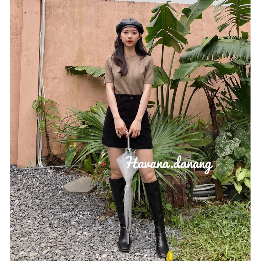 Chân váy nhung chữ A hai túi có kèm lót quần bên trong, chất nhung tăm dày dặn AE65