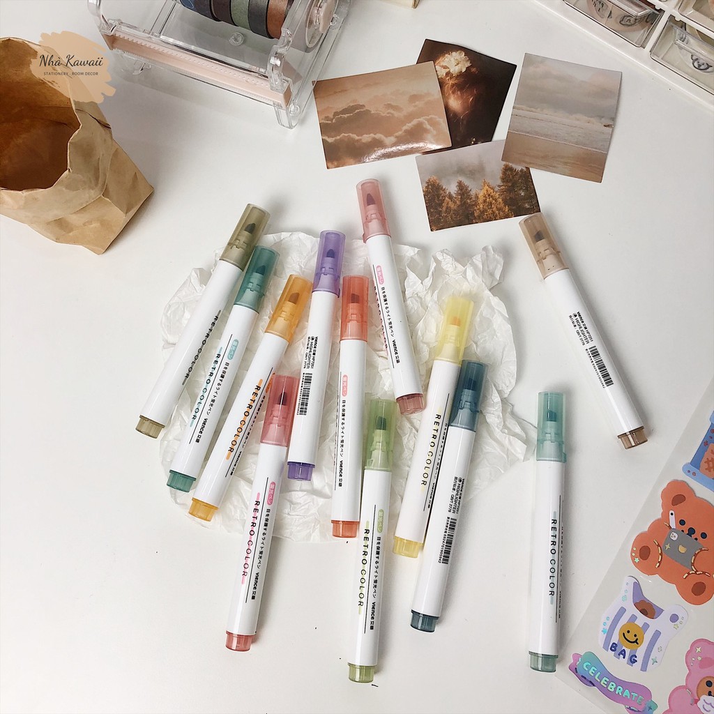 Set bút highlight màu pastel Retro Color, bút đánh dấu nhiều màu