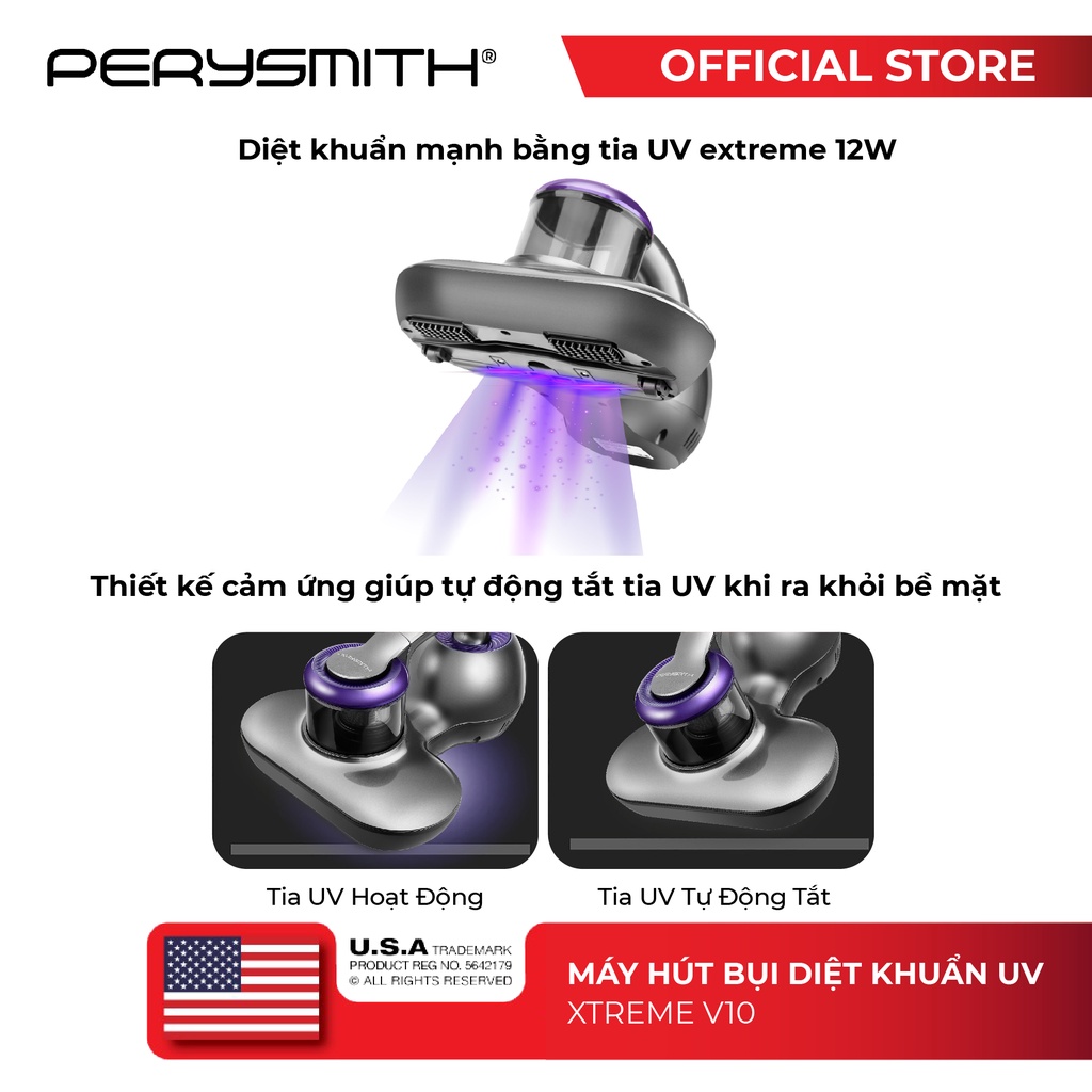 Máy hút bụi giường nệm PerySmith XTREME V10 diệt khuẩn uv công suất 700W