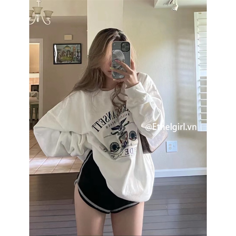 Áo sweater Mỏng Cổ Tròn Không Mũ Dáng Rộng In Họa Tiết Kiểu Đường Phố Mỹ 6 Màu Lựa Chọn Cho Nữ