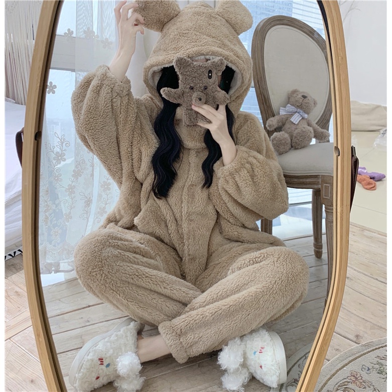 Bộ đồ ngủ mùa đông lông cừu giữ nhiệt tốt, nhung bông mềm mịn cho nữ siêu ấm, bộ mặc nhà nữ dày dặn có vòng cổ -THÔNGTHU | BigBuy360 - bigbuy360.vn