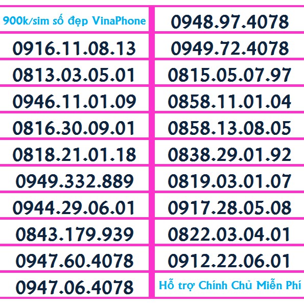 Sim Đẹp VINA ĐỒNG GIÁ 900k Năm Sinh, Phong thủy, số lặp...HỖ TRỢ ĐĂNG KÝ CHÍNH CHỦ MIỄN PHÍ NHIỀU GÓI KM CỦA MẠNG VINA