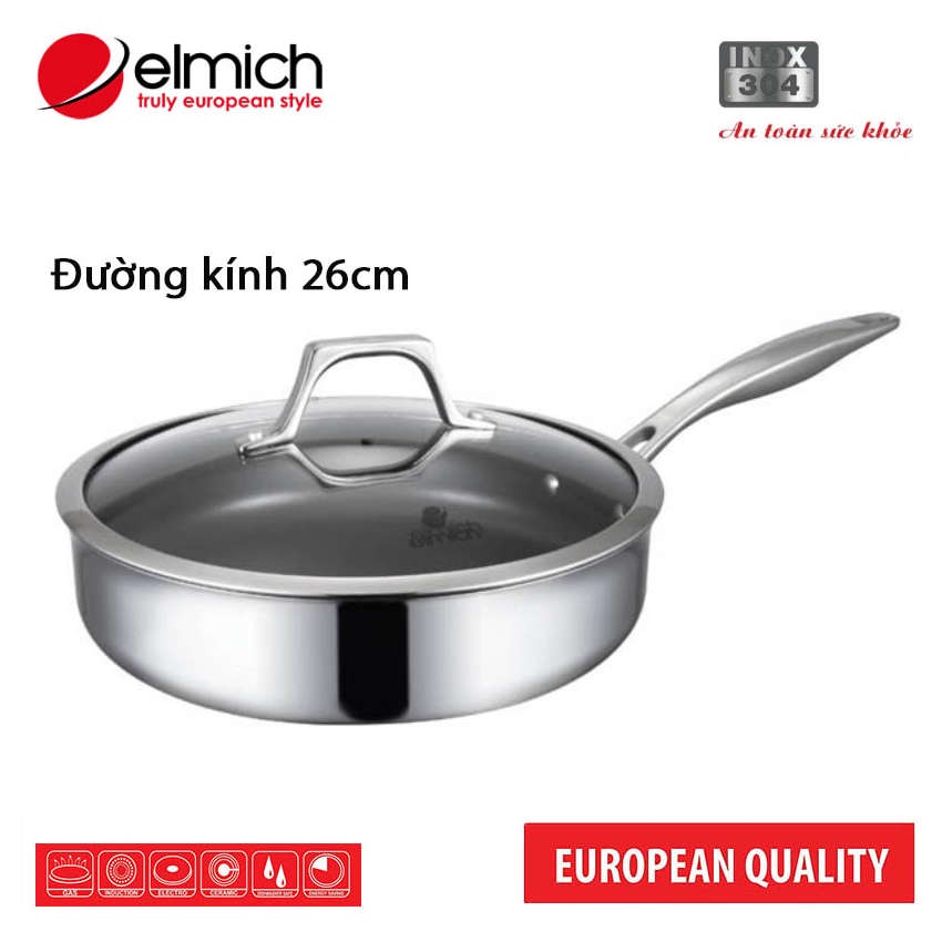 Chảo chống dính Inox 304 cao cấp 26cm Elmich Potenza EL3258 nắp kính cường lực, nhập khẩu CH Séc - Bảo hành 10 năm