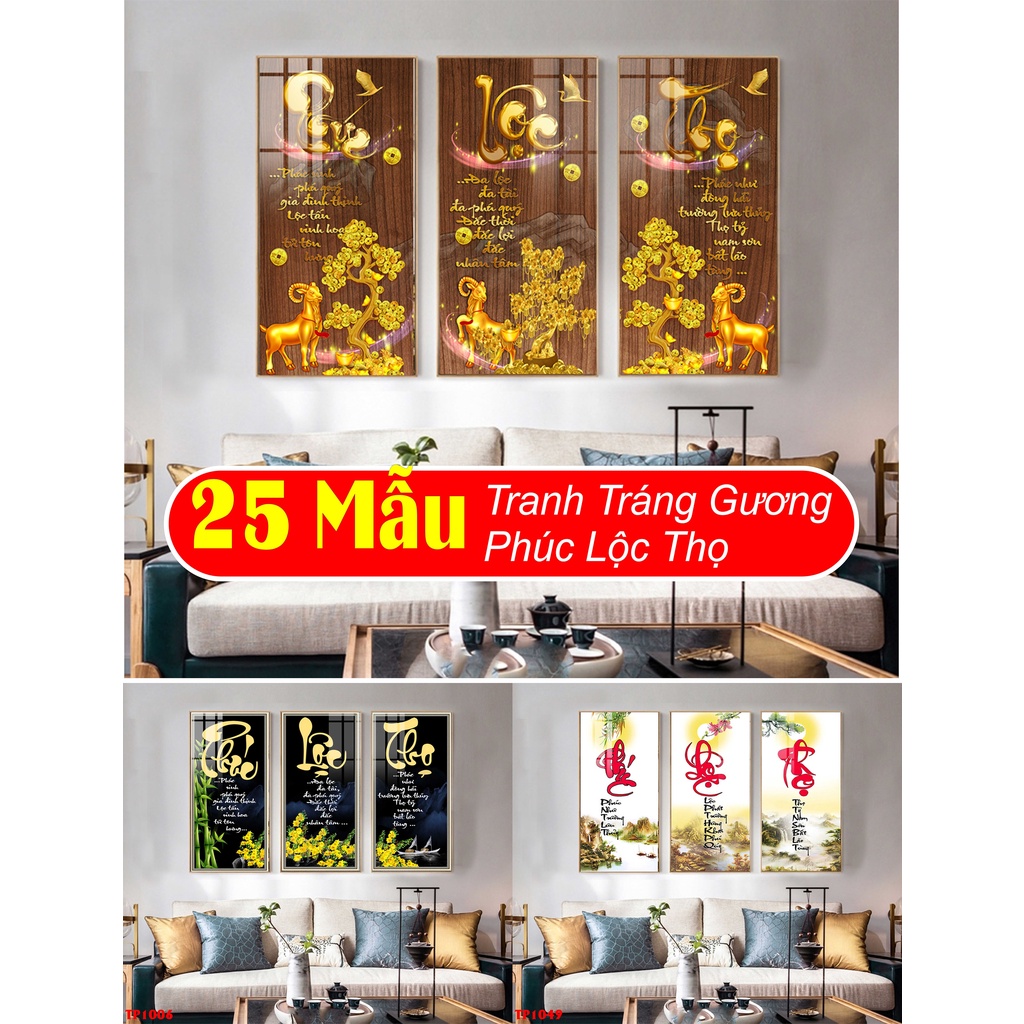 40 x 80cm x 3 Tranh tráng gương PHÚC LỘC THỌ,tranh treo phòng khách,tranh treo phòng thờ,tranh cầu thang