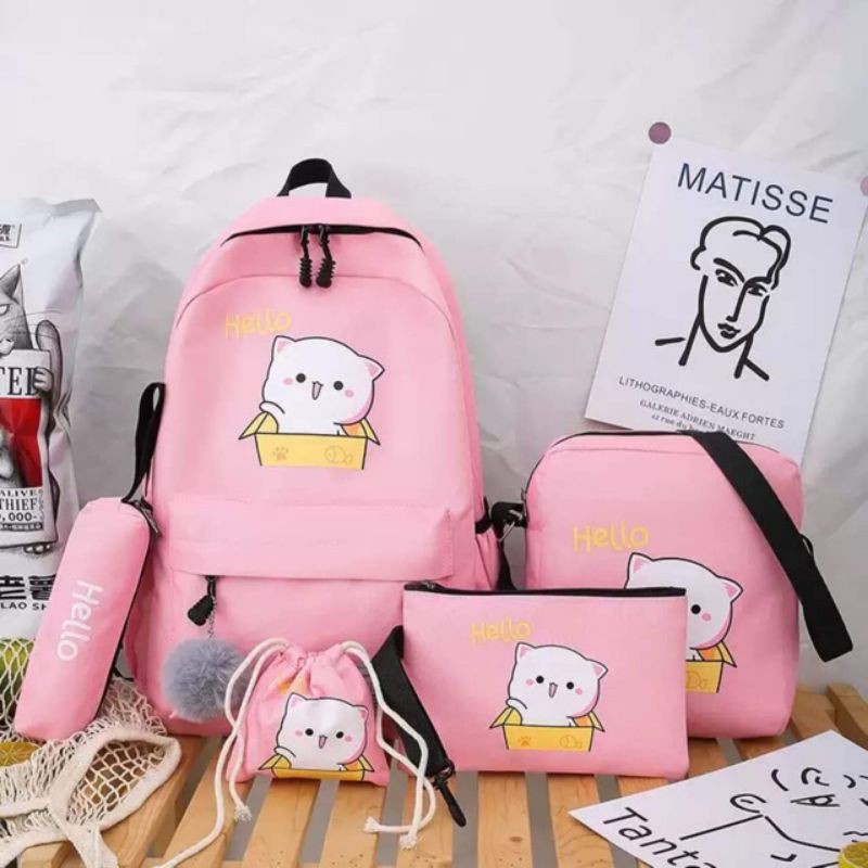 Balo combo 4 món mèo hello set 4 món nữ đi học laptop sinh viên ulzzang