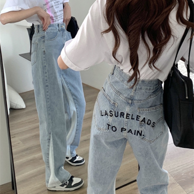 Quần Jean Ống Đứng Thêu Chữ Phối Màu Tương Phản Thời Trang