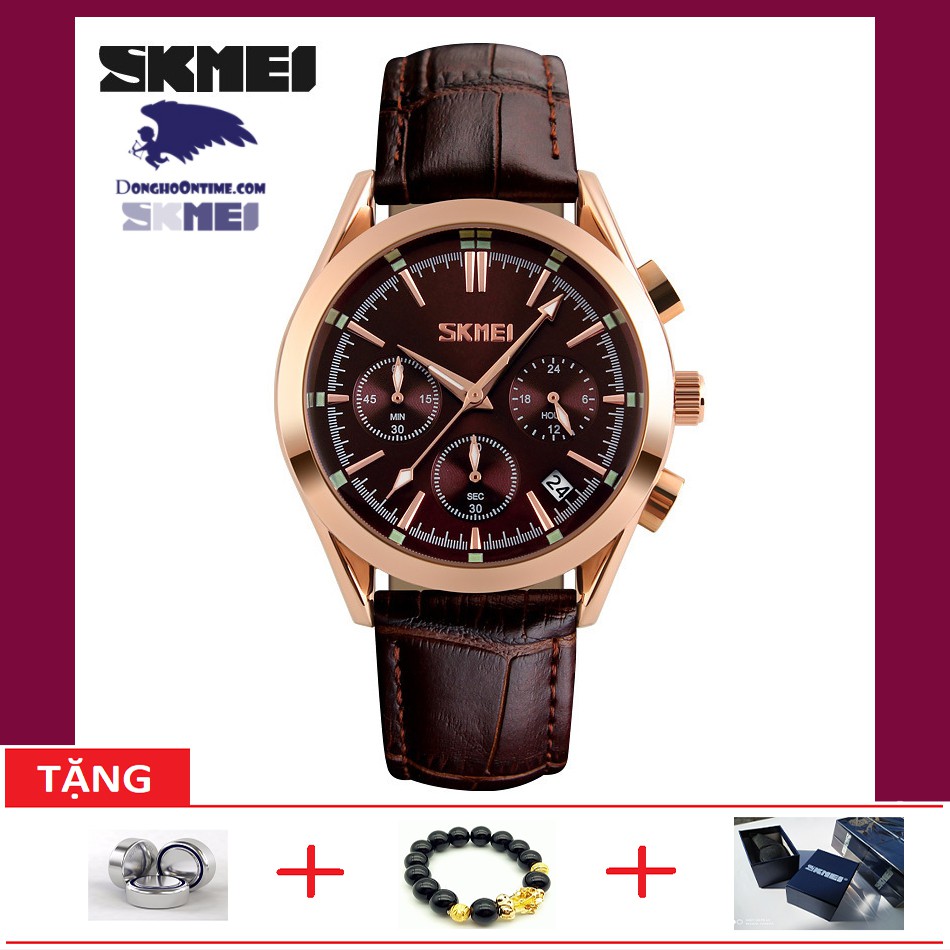 Đồng hồ nam dây da Skmei 9127 6 kim lịch lãm (Tặng pin đồng hồ)
