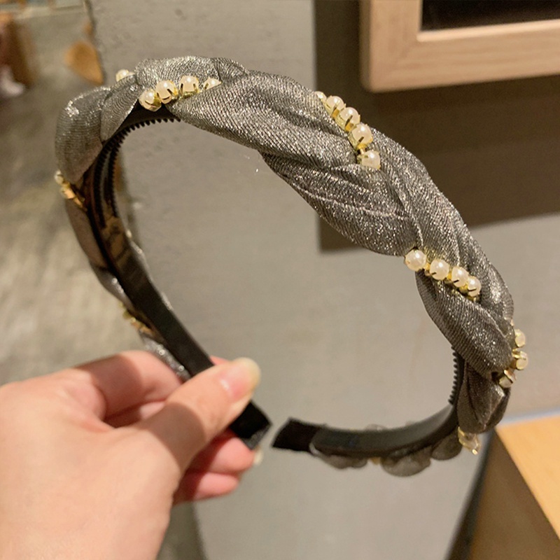 Bờm tóc vải đính dây hạt ngọc bánh bèo tiểu thư