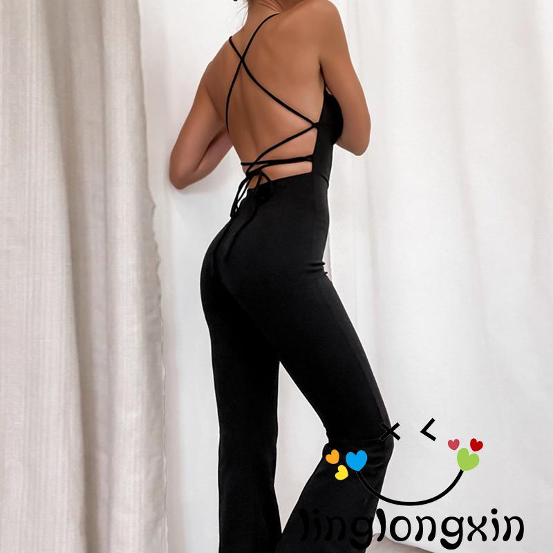 Áo liền quần 2 Dây Không Tay Hở Lưng Màu Đen Trơn Thời Trang Cho Nữ