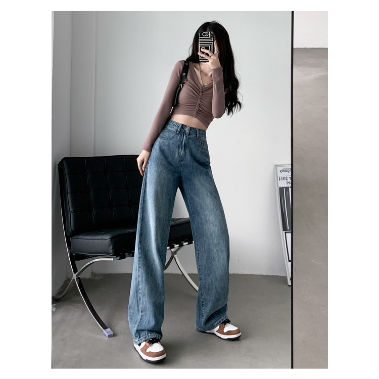Quần jean thẳng Retro nữ cạp cao dáng rộng ống rộng quần xếp nếp mới phù hợp với quần lau nhà