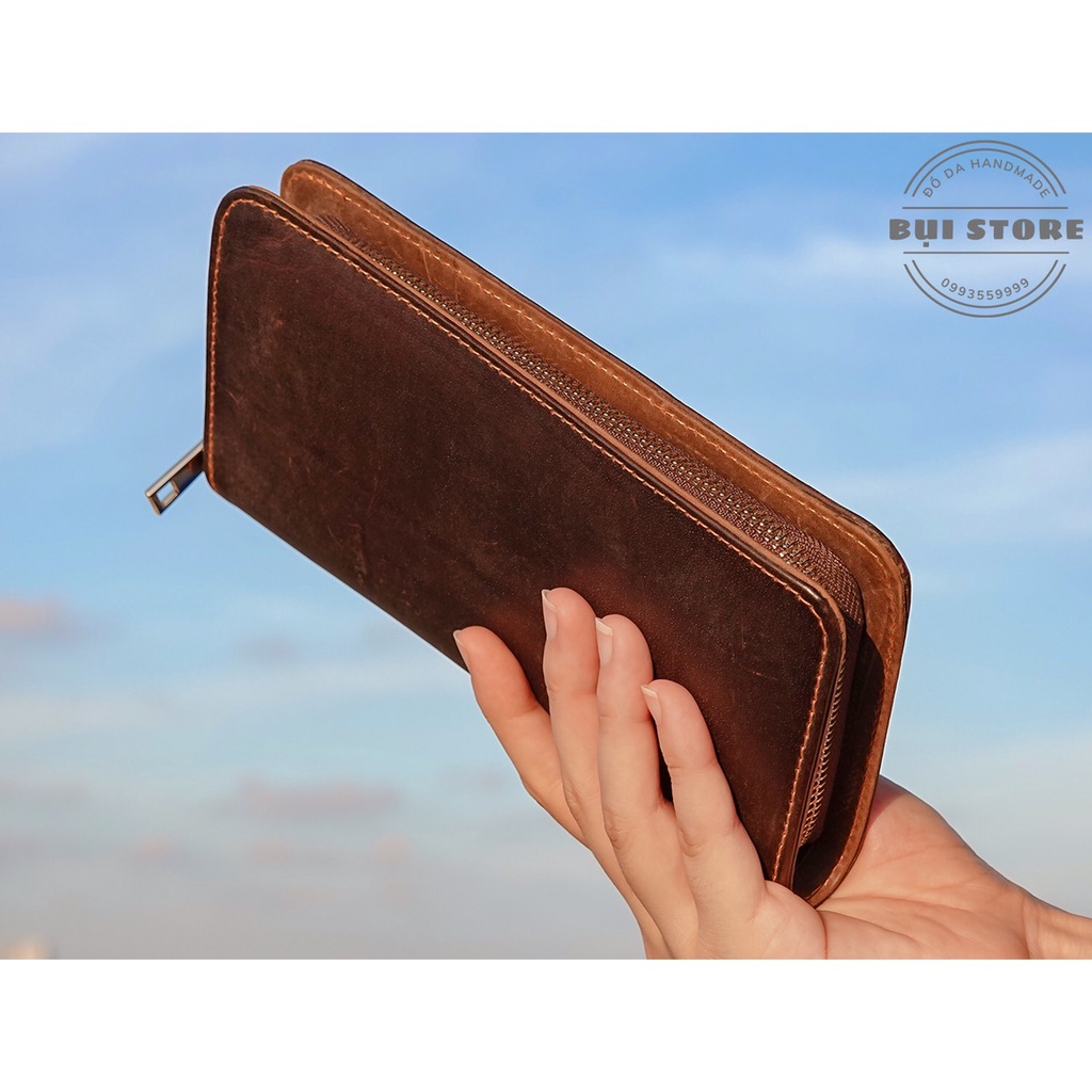 Clutch cầm tay, Ví da cầm tay da bò sáp 100% da thật Handmade khâu tay